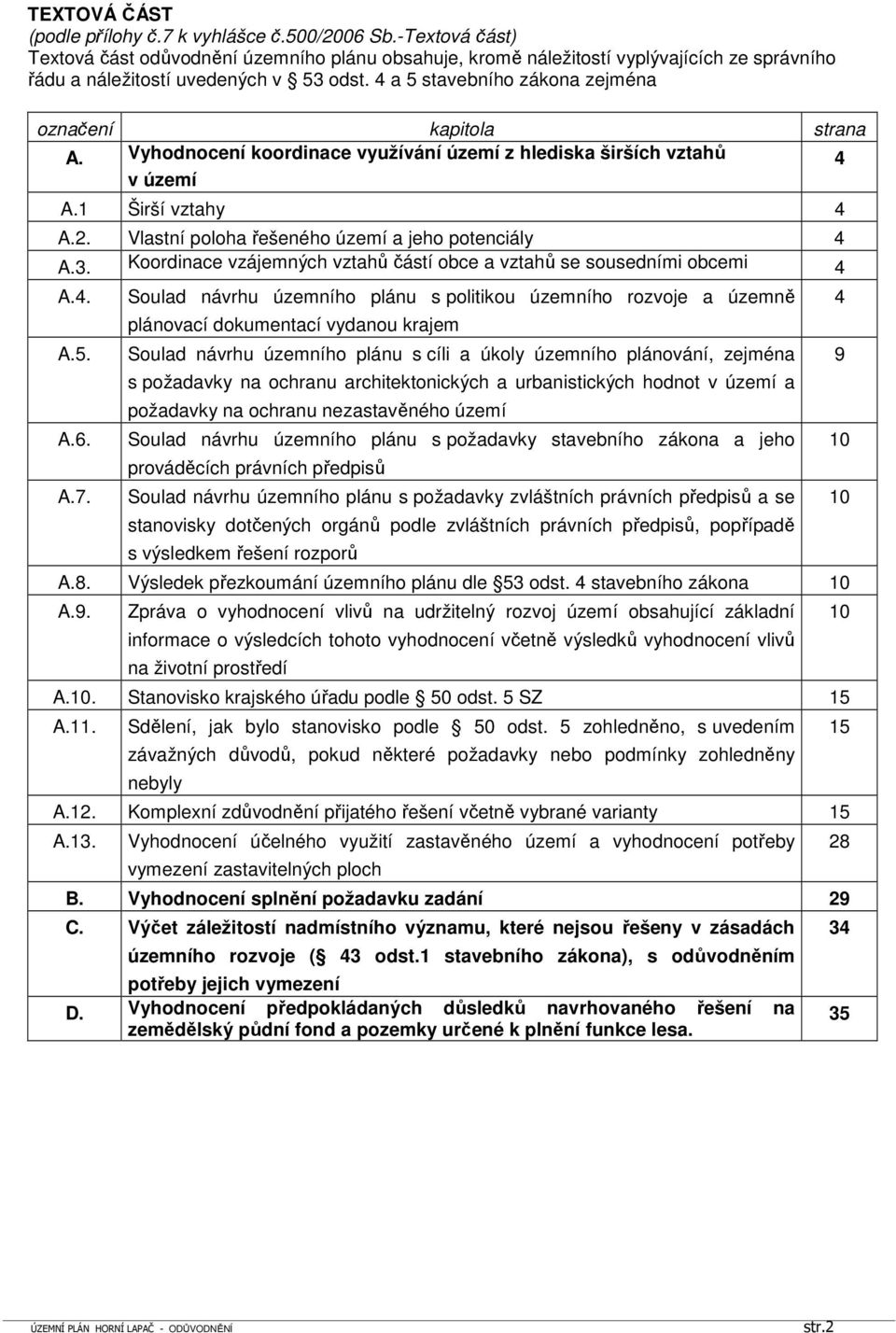 4 a 5 stavebního zákona zejména označení kapitola strana A. Vyhodnocení koordinace využívání území z hlediska širších vztahů 4 v území A.1 Širší vztahy 4 A.2.