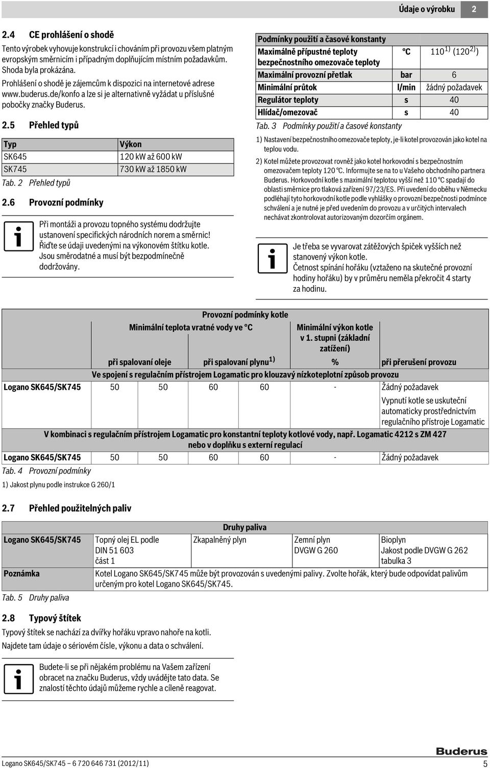 Přehled typů.6 Provozní podmínky Výkon 0 kw až 600 kw 70 kw až 80 kw Při montáži a provozu topného systému dodržujte ustanovení specifických národních norem a směrnic!