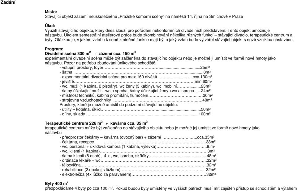 Úkolem semestrální ateliérové práce bude zkombinování několika různých funkcí stávající divadlo, terapeutické centrum a byty.