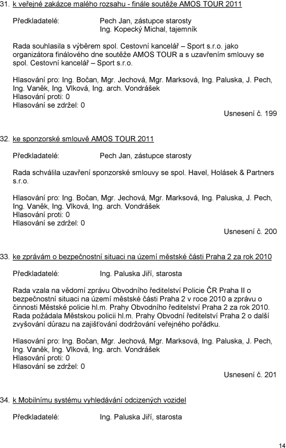 ke sponzorské smlouvě AMOS TOUR 2011 Pech Jan, zástupce starosty Rada schválila uzavření sponzorské smlouvy se spol. Havel, Holásek & Partners s.r.o. Hlasování pro: Ing. Bočan, Mgr. Jechová, Mgr.