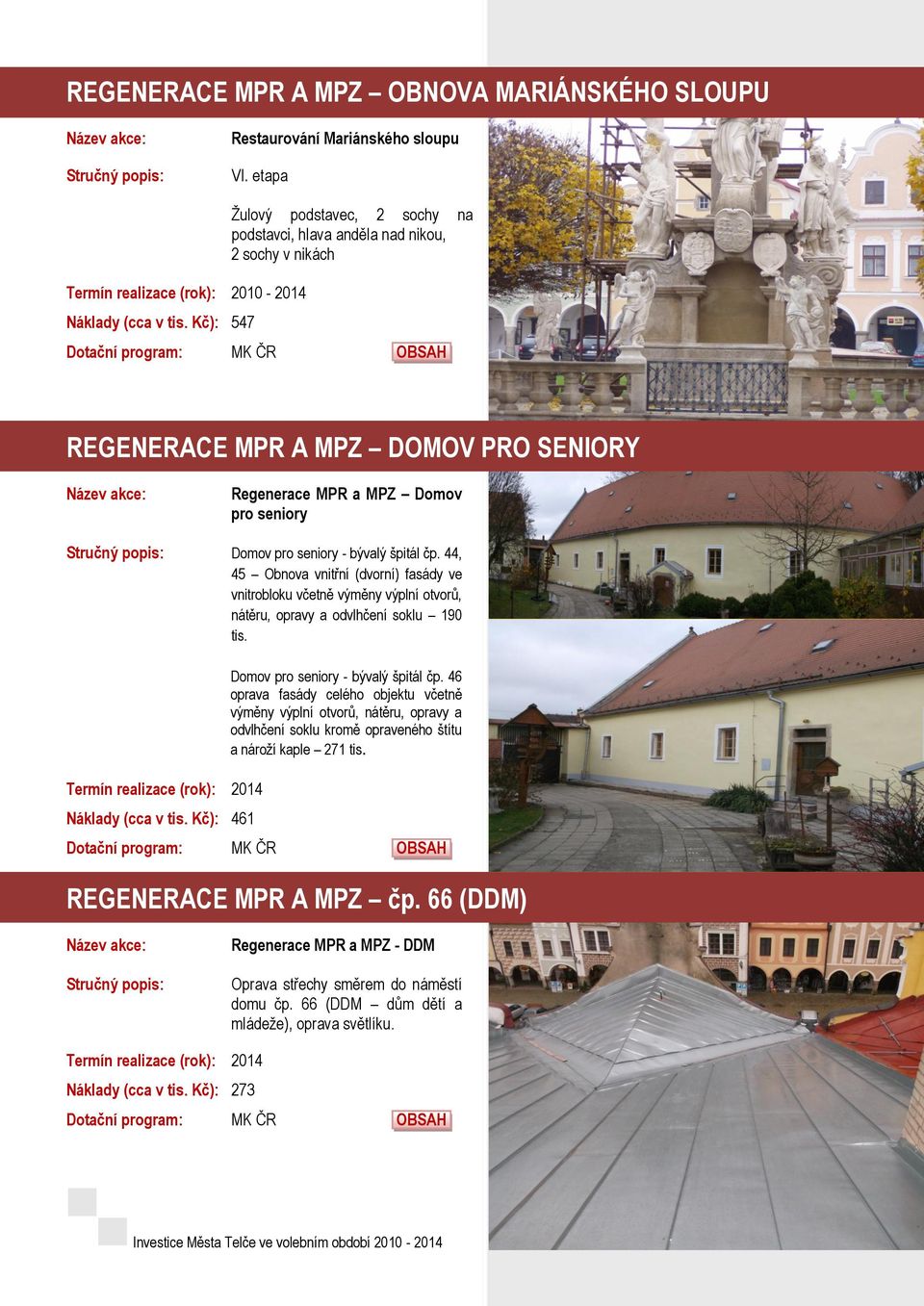 Domov pro seniory - bývalý špitál čp. 44, 45 Obnova vnitřní (dvorní) fasády ve vnitrobloku včetně výměny výplní otvorů, nátěru, opravy a odvlhčení soklu 190 tis. Domov pro seniory - bývalý špitál čp.