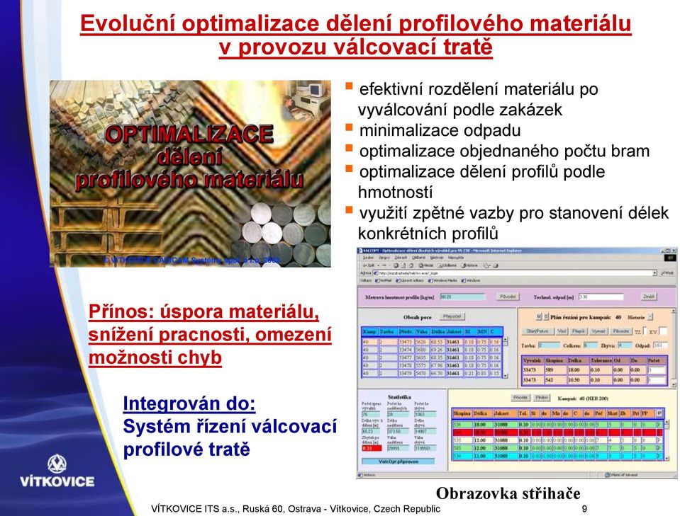 zpětné vazby pro stanovení délek konkrétních profilů Přínos: úspora materiálu, snížení pracnosti, omezení možnosti chyb