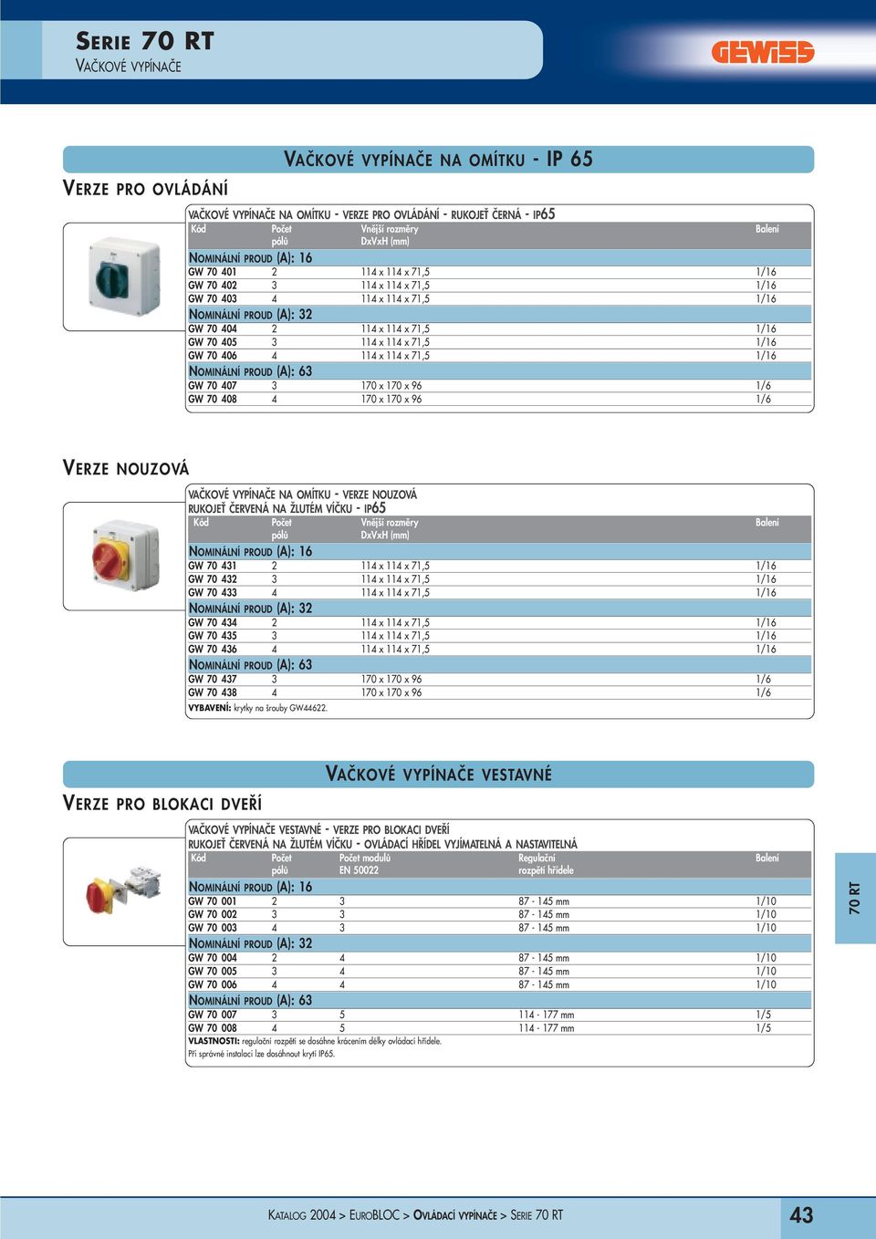 3 114 x 114 x 71,5 1/16 GW 70 406 4 114 x 114 x 71,5 1/16 NOMINÁLNÍ PROUD (A): 63 GW 70 407 3 170 x 170 x 96 1/6 GW 70 408 4 170 x 170 x 96 1/6 VERZE NOUZOVÁ VAČKOVÉ VYPÍNAČE NA OMÍTKU - VERZE