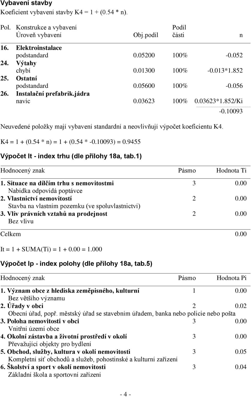 852/Ki Neuvedené položky mají vybavení standardní a neovlivňují výpočet koeficientu K4. K4 = 1 + (0.54 * n) = 1 + (0.54 * -0.10093) = 0.9455 Výpočet It - index trhu (dle přílohy 18a, tab.1) -0.