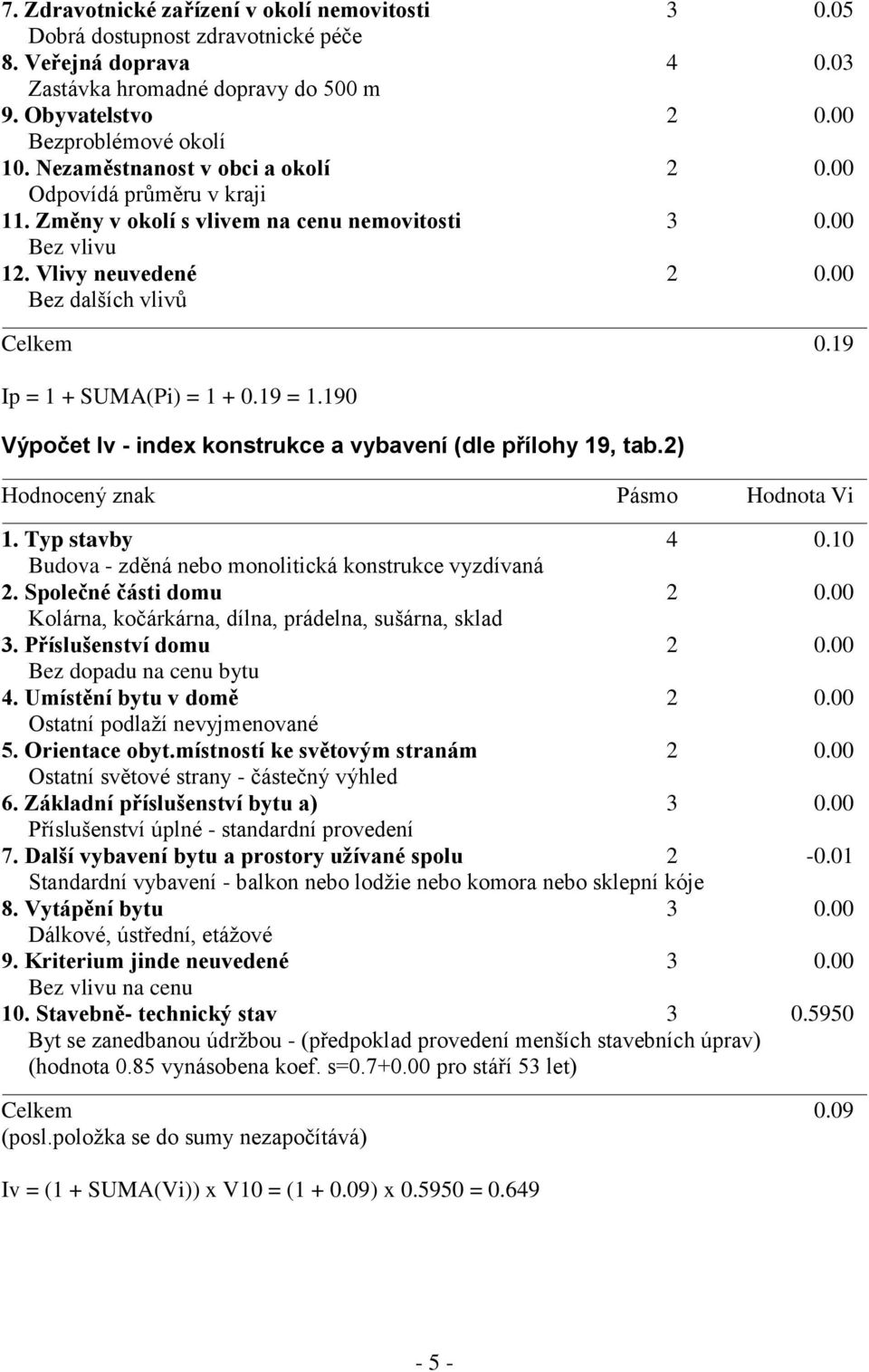 19 Ip = 1 + SUMA(Pi) = 1 + 0.19 = 1.190 Výpočet Iv - index konstrukce a vybavení (dle přílohy 19, tab.2) Hodnocený znak Pásmo Hodnota Vi 1. Typ stavby 4 0.