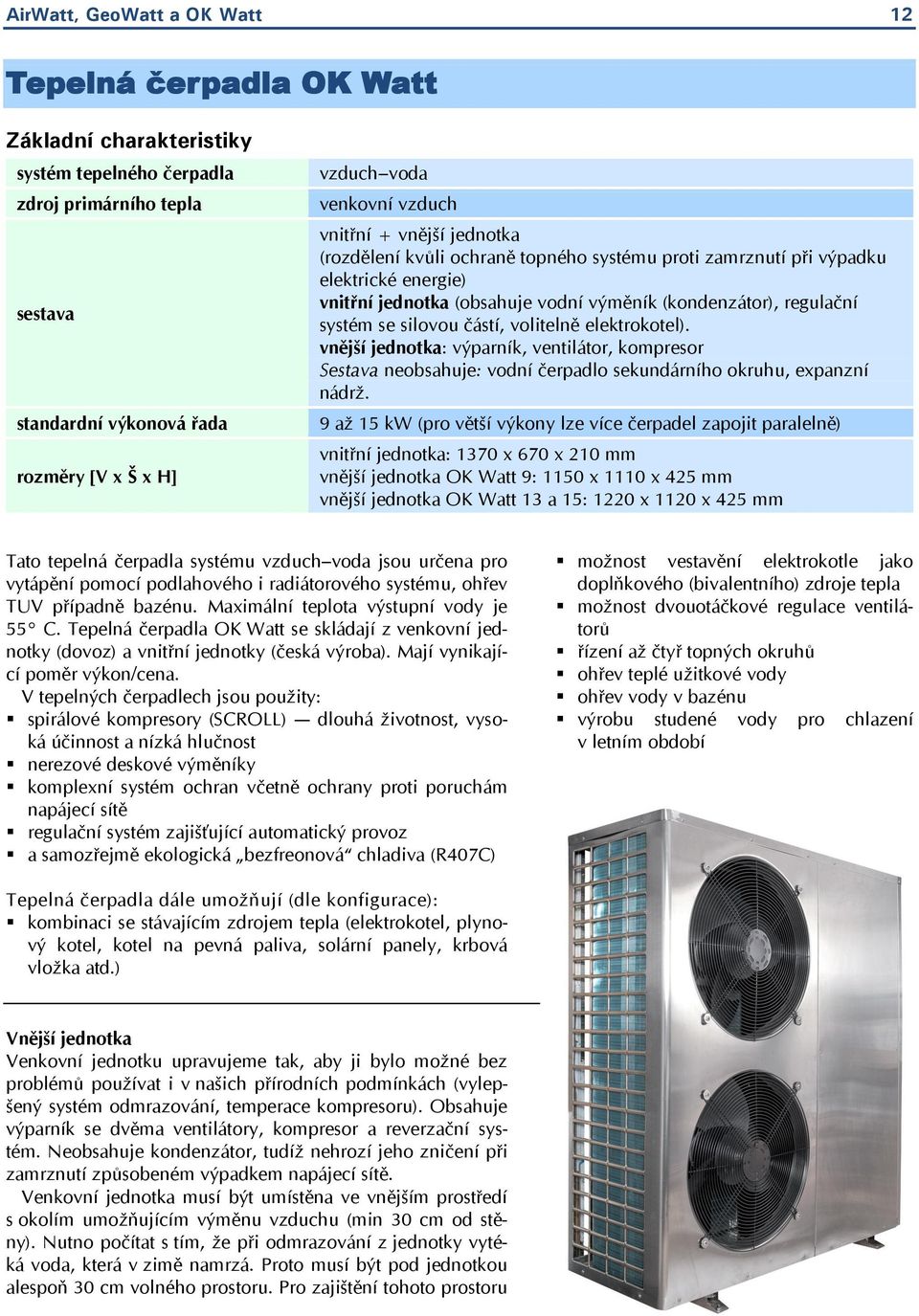 systém se silovou částí, volitelně elektrokotel). vnější jednotka: výparník, ventilátor, kompresor Sestava neobsahuje: vodní čerpadlo sekundárního okruhu, expanzní nádrž.