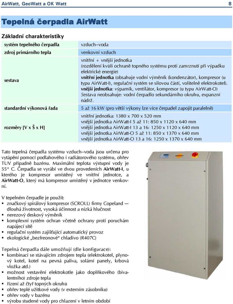 typu AirWatt-I), regulační systém se silovou částí, volitelně elektrokotel).