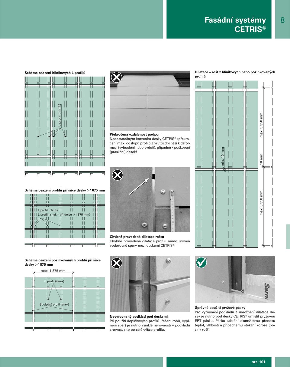 3 350 mm 10 mm Schéma osazení profilů při šířce desky >1 875 mm L profil (hliník) L profil (zinek při délce >1 875 mm) max.