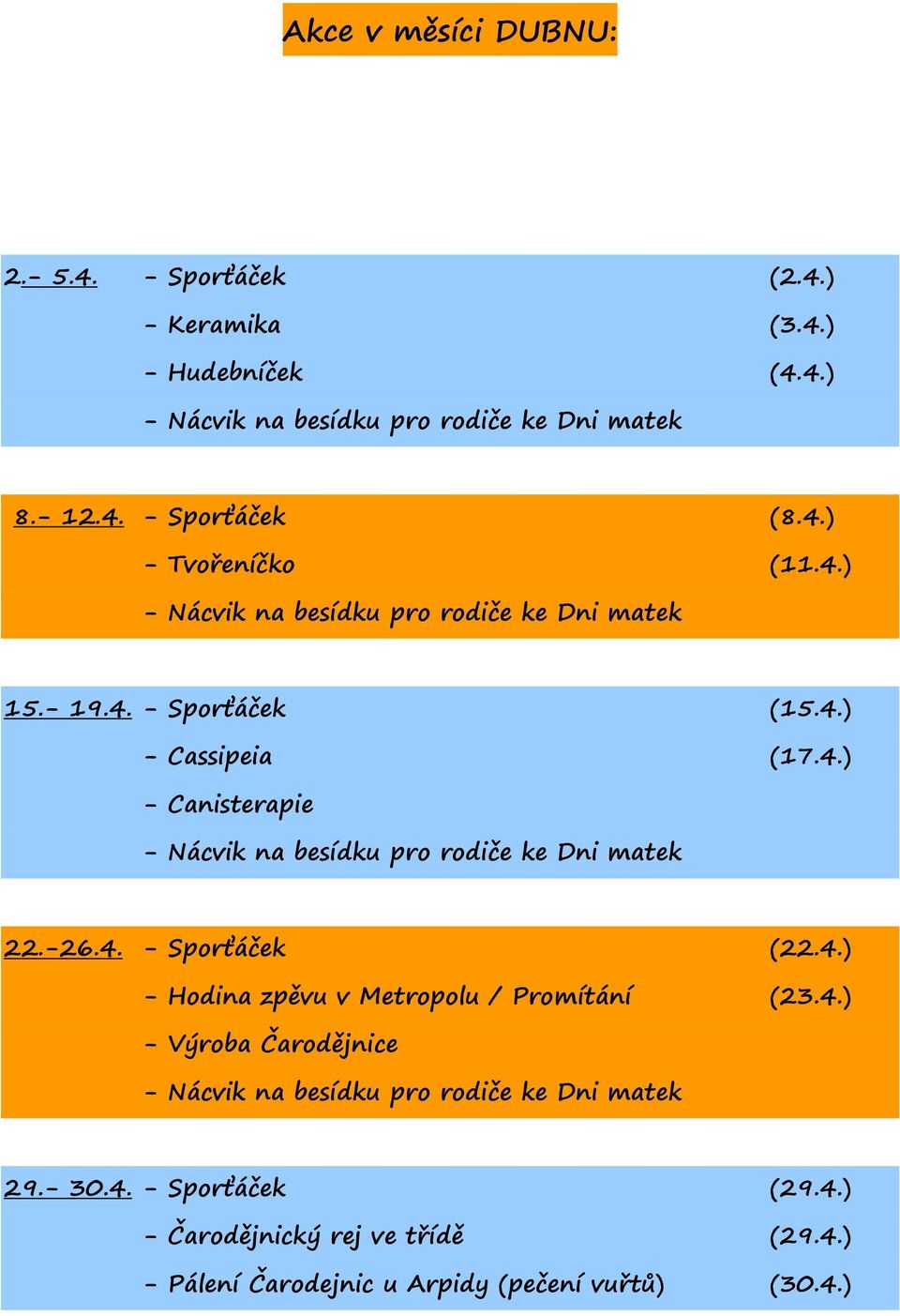 -26.4. - Sporťáček (22.4.) - Hodina zpěvu v Metropolu / Promítání (23.4.) - Výroba Čarodějnice - Nácvik na besídku pro rodiče ke Dni matek 29.- 30.4. - Sporťáček (29.