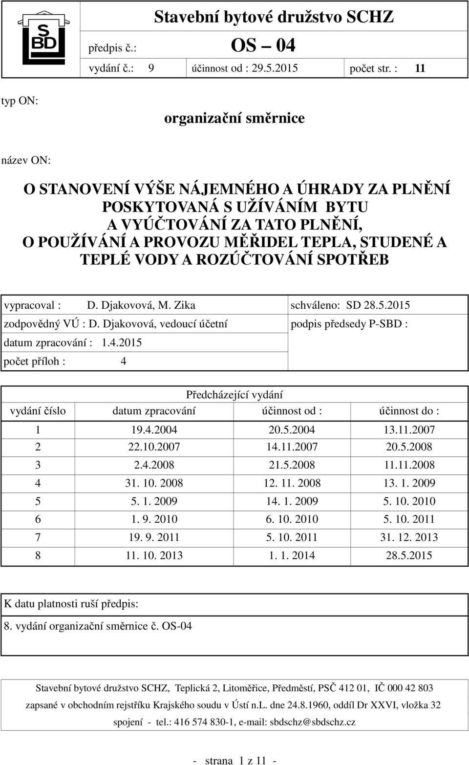 VODY A ROZÚČTOVÁNÍ SPOTŘEB vypracoval : D. Djakovová, M. Zika schváleno: SD 28.5.2015 zodpovědný VÚ : D. Djakovová, vedoucí účetní podpis předsedy P-SBD : datum zpracování : 1.4.