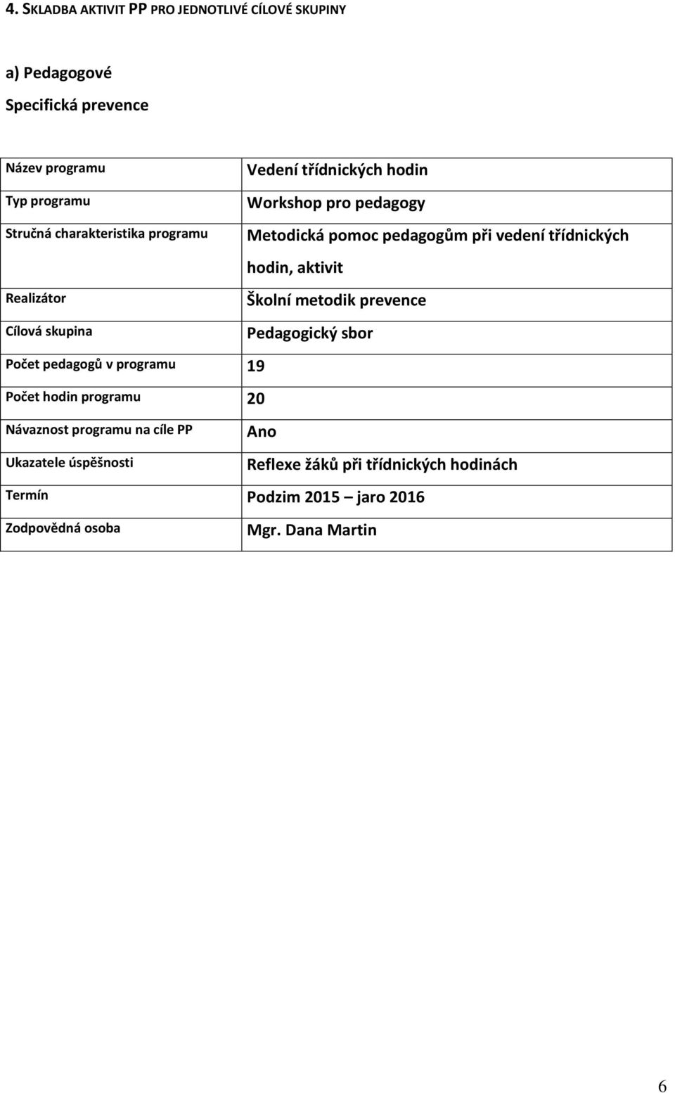 Metodická pomoc pedagogům při vedení třídnických hodin, aktivit Školní metodik