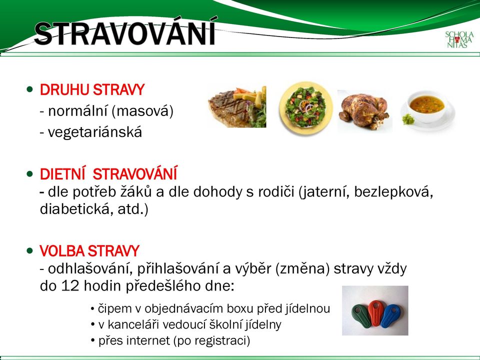 ) VOLBA STRAVY - odhlašování, přihlašování a výběr (změna) stravy vždy do 12 hodin