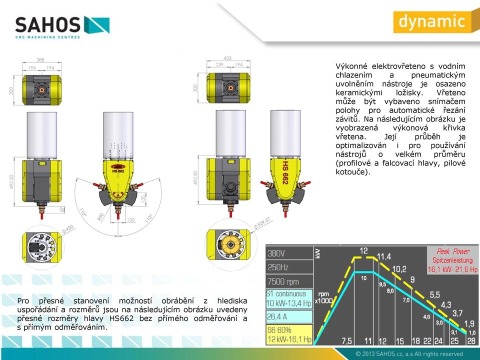 Výkonné elektrovřeteno s vodním chlazením a pneumatickým uvolněním nástroje je osazeno keramickými ložisky.