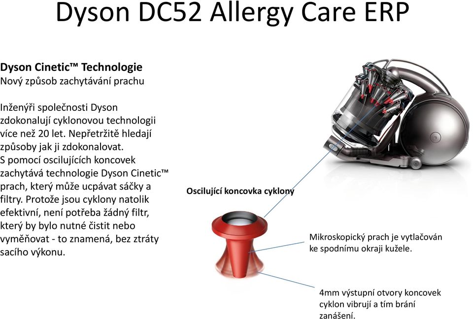 S pomocí oscilujících koncovek zachytává technologie Dyson Cinetic prach, který může ucpávat sáčky a filtry.