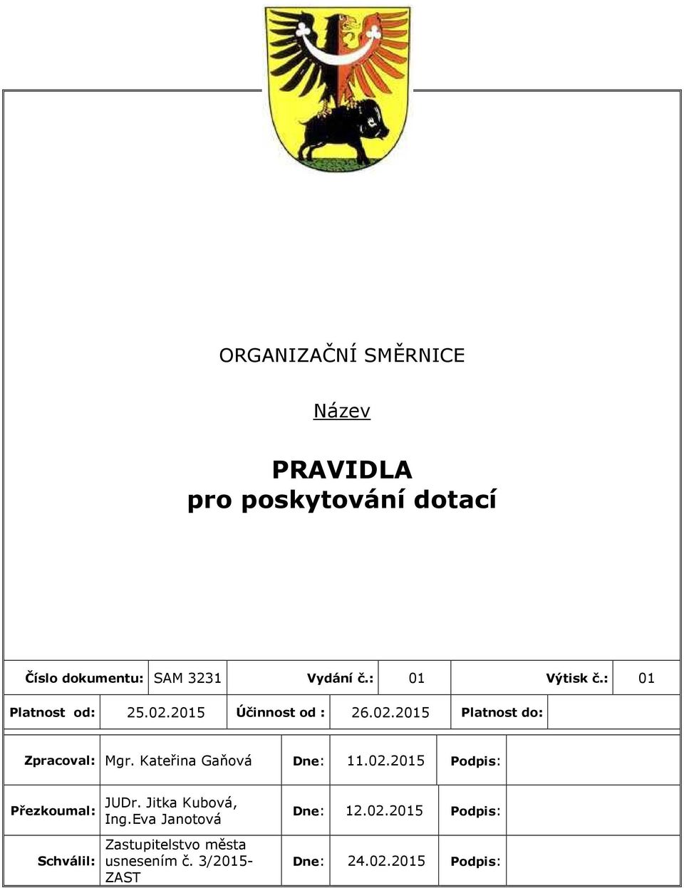 Kateřina Gaňová Dne: 11.02.2015 Podpis: Přezkoumal: Schválil: JUDr. Jitka Kubová, Ing.