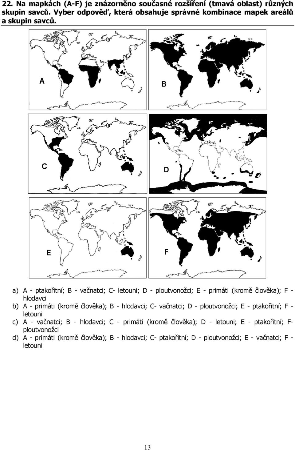 a) A - ptakořitní; B - vačnatci; C- letouni; D - ploutvonožci; E - primáti (kromě člověka); F - hlodavci b) A - primáti (kromě člověka); B -
