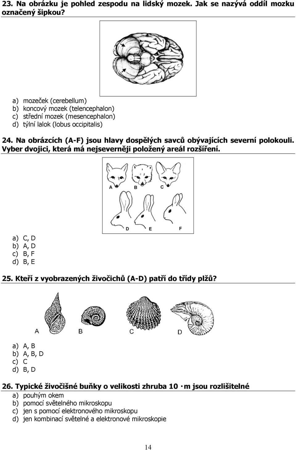 Na obrázcích (A-F) jsou hlavy dospělých savců obývajících severní polokouli. Vyber dvojici, která má nejseverněji položený areál rozšíření. a) C, D b) A, D c) B, F d) B, E 25.