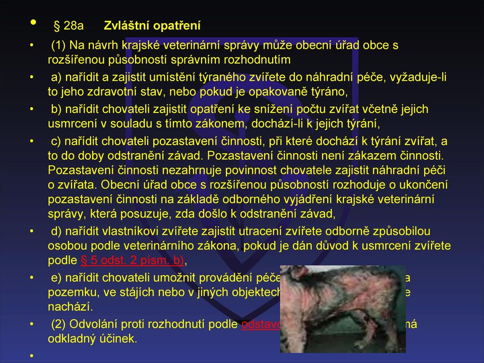 jejich týrání, c) nařídit chovateli pozastavení činnosti, při které dochází k týrání zvířat, a to do doby odstranění závad. Pozastavení činnosti není zákazem činnosti.