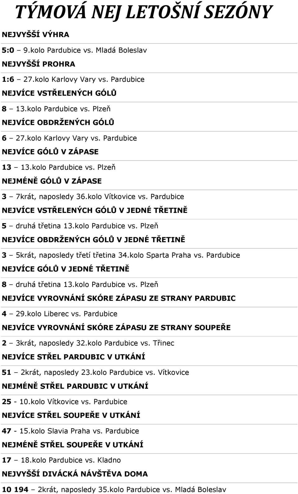 Pardubice NEJVÍCE VSTŘELENÝCH GÓLŮ V JEDNÉ TŘETINĚ 5 druhá třetina 13.kolo Pardubice vs. Plzeň NEJVÍCE OBDRŽENÝCH GÓLŮ V JEDNÉ TŘETINĚ 3 5krát, naposledy třetí třetina 34.kolo Sparta Praha vs.