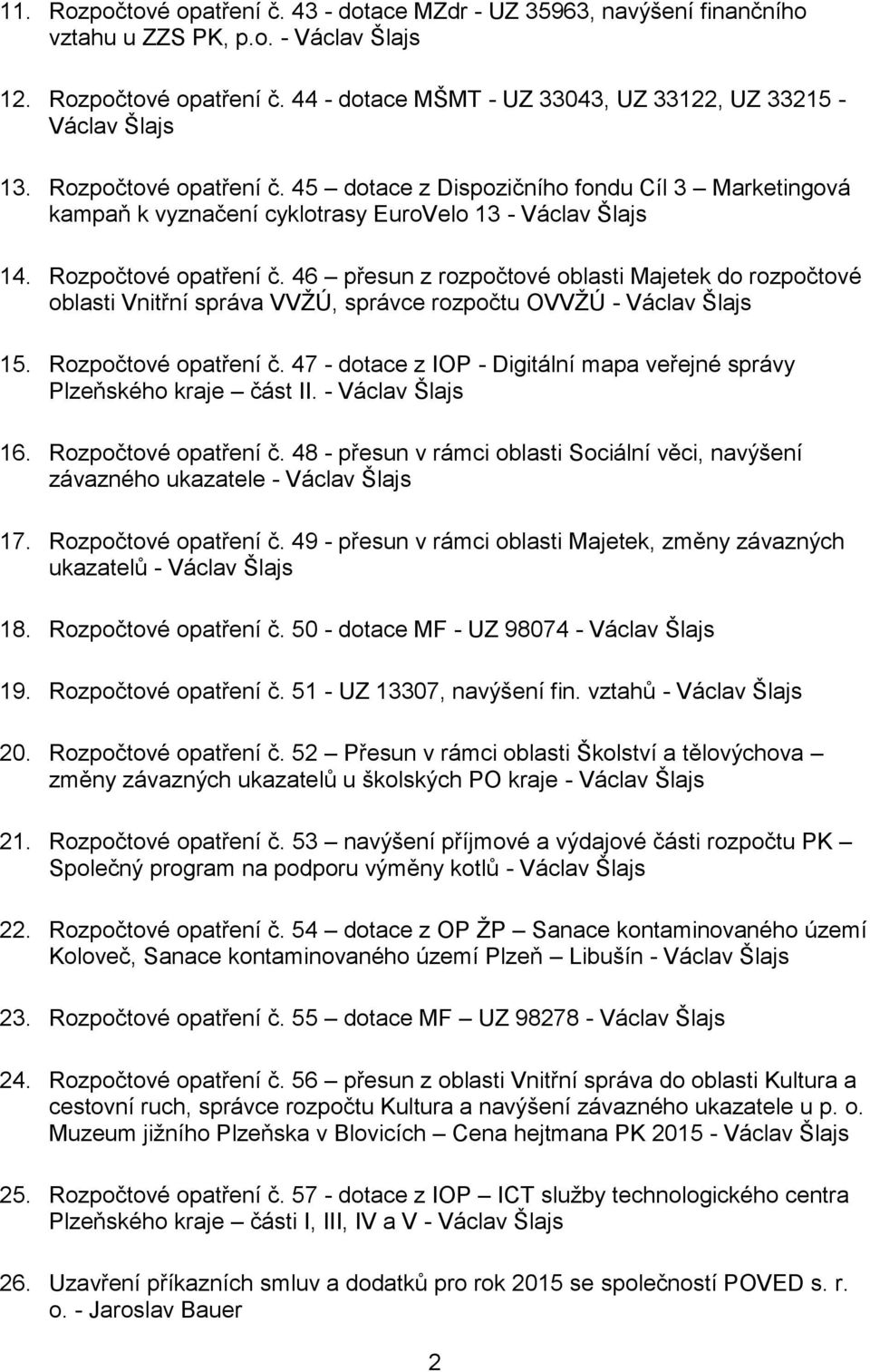 46 přesun z rozpočtové oblasti Majetek do rozpočtové oblasti Vnitřní správa VVŽÚ, správce rozpočtu OVVŽÚ - Václav Šlajs 15. Rozpočtové opatření č.