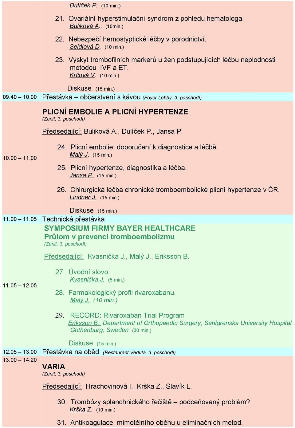 poschodí) PLICNÍ EMBOLIE A PLICNÍ HYPERTENZE Předsedající: Buliková A., Dulíček P., Jansa P. 10.00 11.00 24. Plicní embolie: doporučení k diagnostice a léčbě. Malý J. (15 min.) 25.