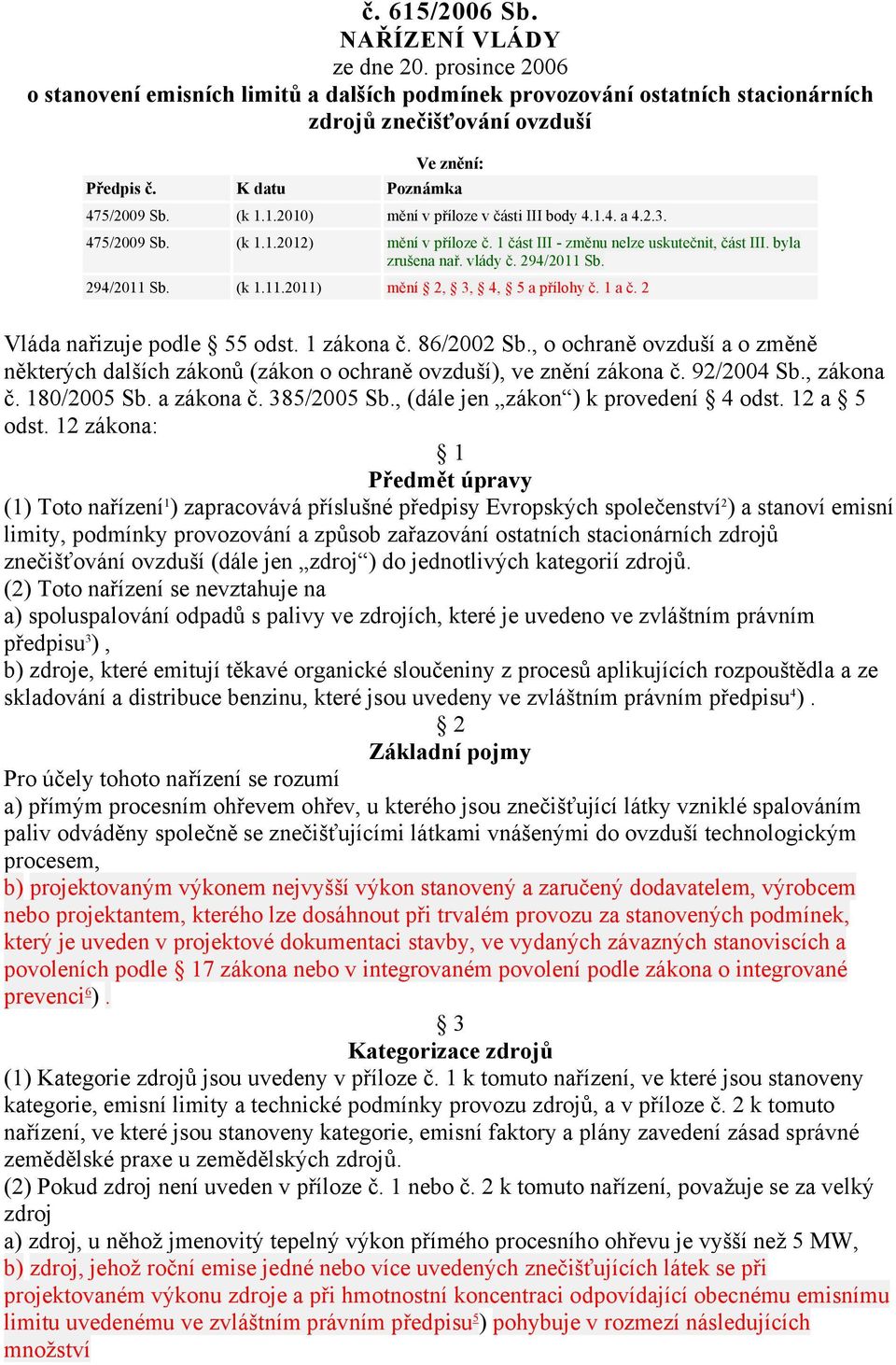 vlády č. 294/2011 Sb. 294/2011 Sb. (k 1.11.2011) mění 2, 3, 4, 5 a přílohy č. 1 a č. 2 Vláda nařizuje podle 55 odst. 1 zákona č. 86/2002 Sb.