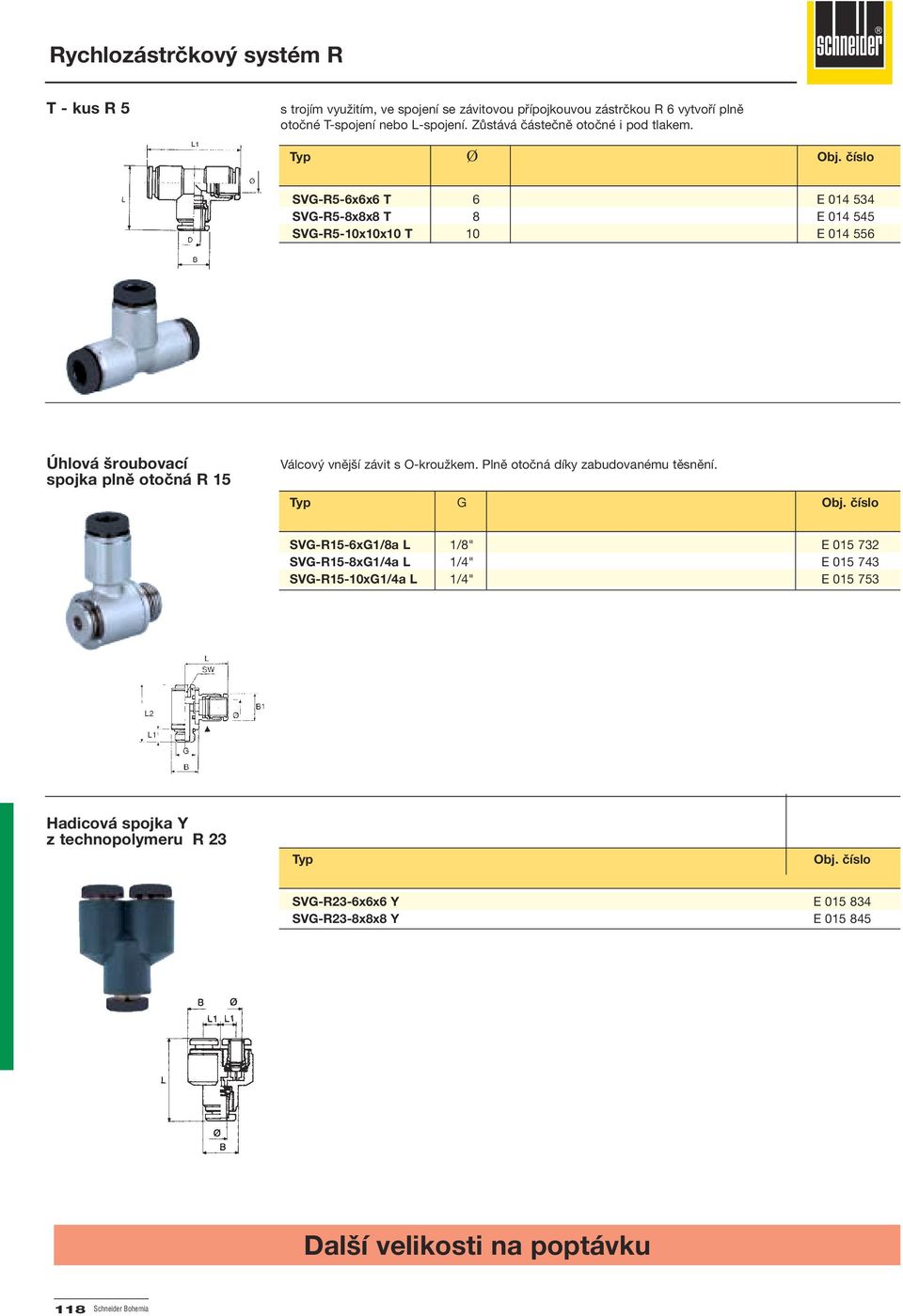Ø SVG-R5-6x6x6 T 6 E 014 534 SVG-R5-8x8x8 T 8 E 014 545 SVG-R5-10x10x10 T 10 E 014 556 Úhlová šroubovací spojka plně otočná R 15 Válcový vnější závit s
