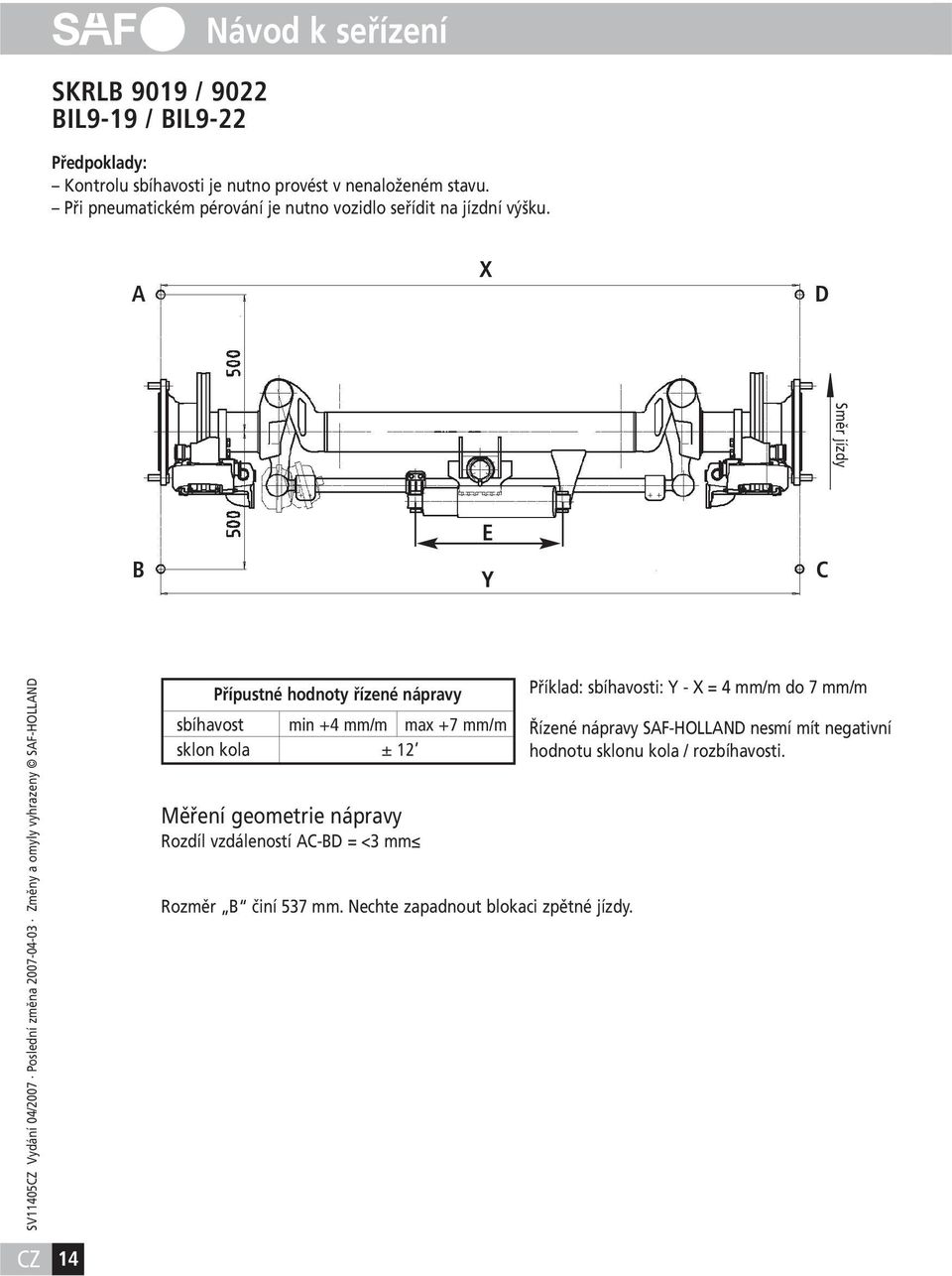 A X D Směr Fahrtrichtung jízdy B E Y C Přípustné hodnoty řízené nápravy sbíhavost min +4 mm/m max +7 mm/m sklon kola ± 12 Měření geometrie