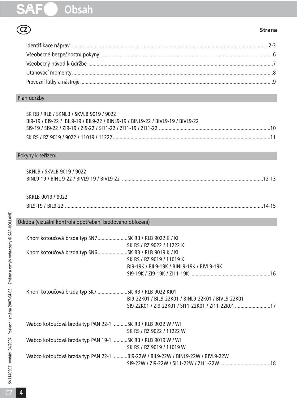 ..10 SK RS / RZ 9019 / 9022 / 11019 / 11222...11 Pokyny k seřízení SKNLB / SKVLB 9019 / 9022 BINL9-19 / BINL 9-22 / BIVL9-19 / BIVL9-22...12-13 SKRLB 9019 / 9022 BIL9-19 / BIL9-22.