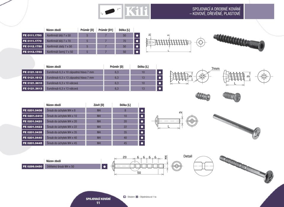 3610 Eurošroub 6,3 x 10 válcová 6,3 10 FE 0121.36 Eurošroub 6,3 x válcová 6,3 Závit [D] FE 0201.00 Šroub do úchytek M x M FE 0201.