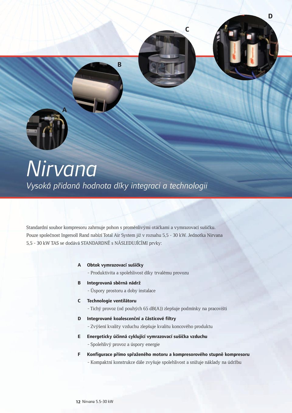 Jednotka Nirvana 5,5-30 kw TAS se dodává STANDARDNĚ s NÁSLEDUJÍCÍMI prvky: A B C D E F Obtok vymrazovací sušičky - Produktivita a spolehlivost díky trvalému provozu Integrovaná sběrná nádrž - Úspory