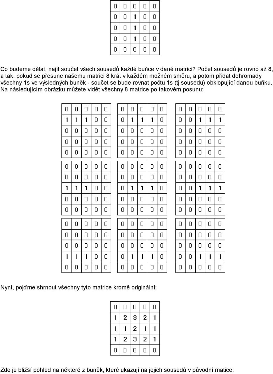 1s ve výsledných buněk - součet se bude rovnat počtu 1s (tj sousedů) obklopující danou buňku.