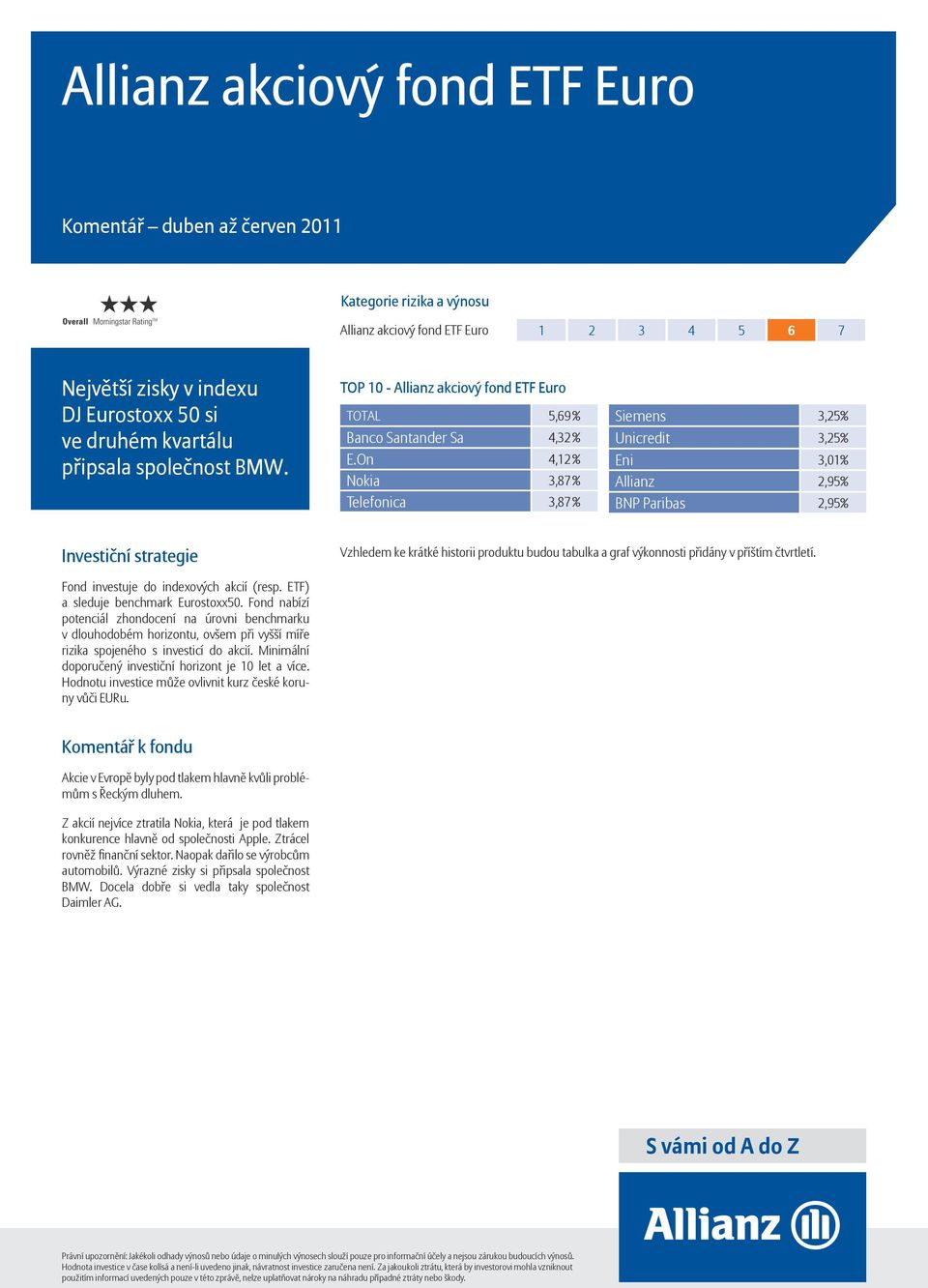 On 4,12 % Nokia 3,87 % Telefonica 3,87 % Siemens 3,25% Unicredit 3,25% Eni 3,01% Allianz 2,95% BNP Paribas 2,95% Fond investuje do indexových akcií (resp. ETF) a sleduje benchmark Eurostoxx50.