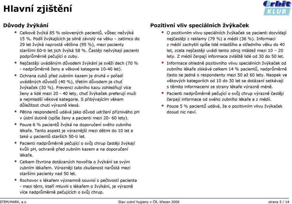 Nejčastěji uváděným důvodem žvýkání je svěží dech (70 % - nadprůměrně ženy a věkové kategorie 10-40 let).