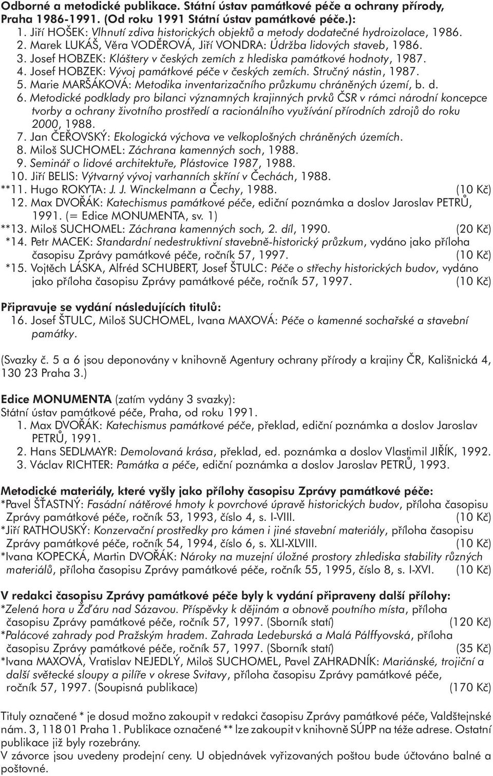 Josef HOBZEK: Kláštery v českých zemích z hlediska památkové hodnoty, 1987. 4. Josef HOBZEK: Vývoj památkové péče v českých zemích. Stručný nástin, 1987. 5.