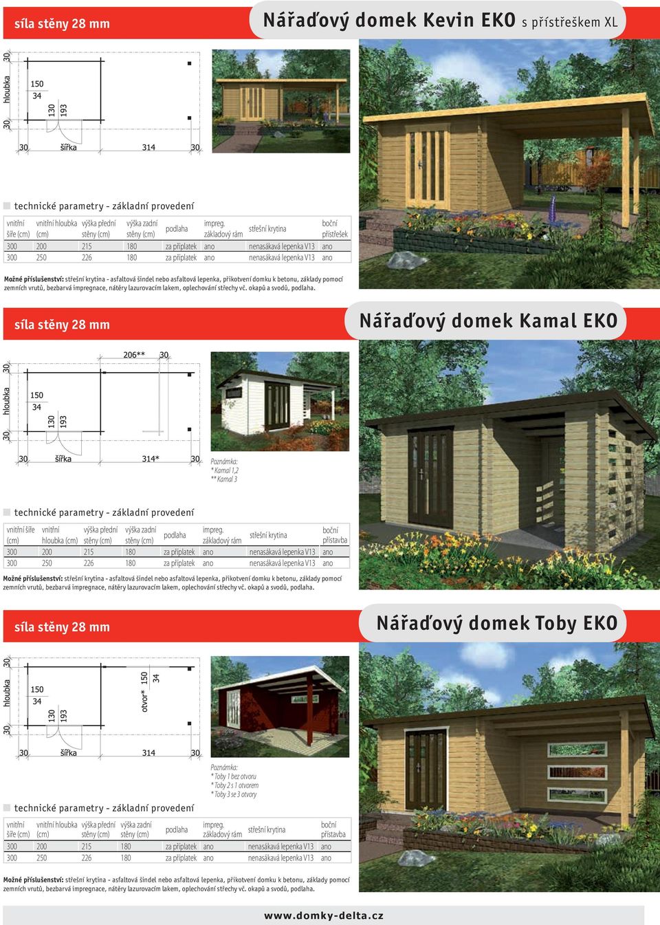 Nářaďový domek Kamal EKO Poznámka: * Kamal 1,2 ** Kamal 3 vnitřní šíře vnitřní výška přední výška zadní hloubka stěny stěny základový rám boční přístavba 300 200 215 180 za příplatek ano nenasákavá