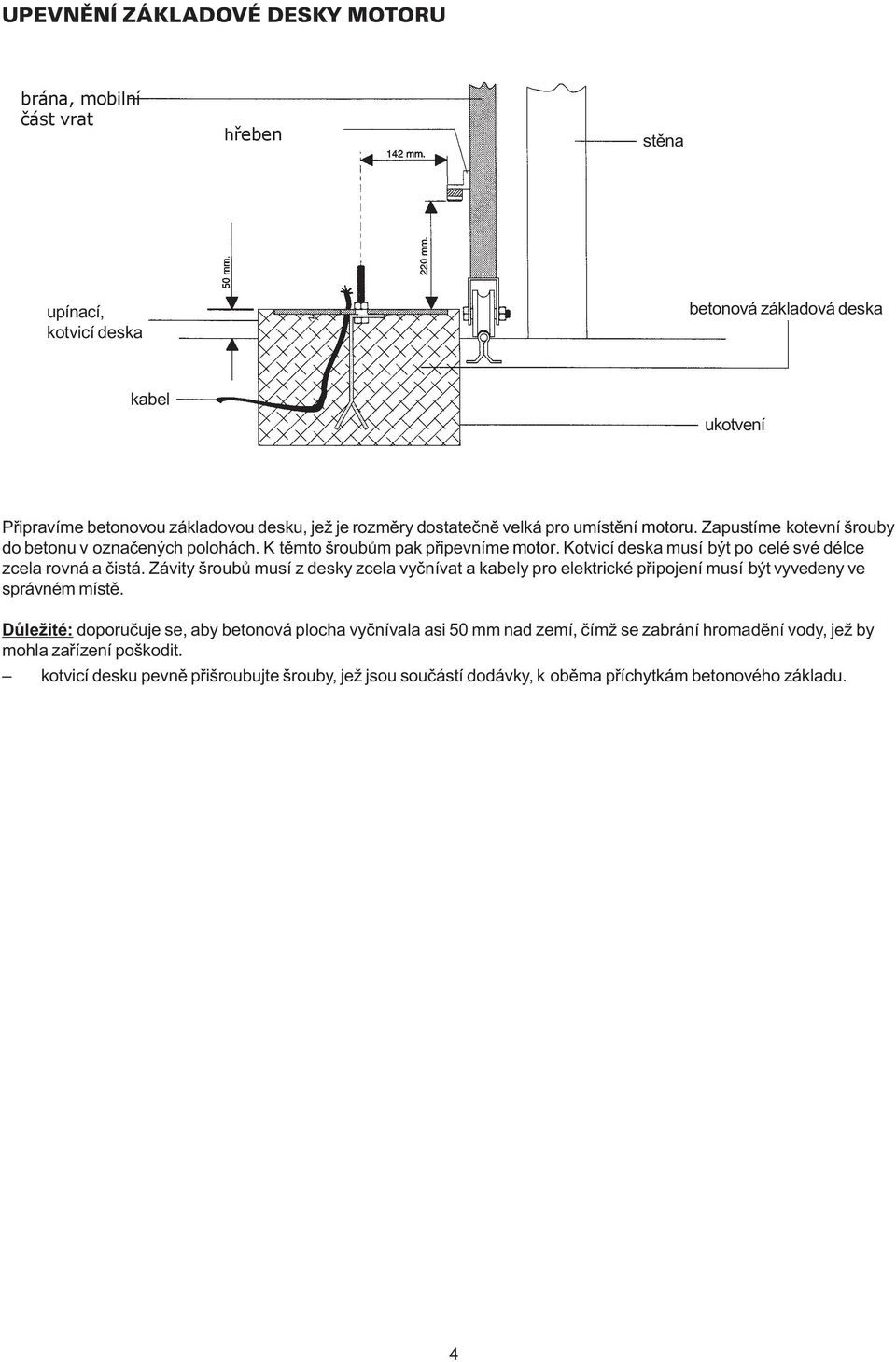 Kotvicí deska musí být po celé své délce zcela rovná a èistá. Závity šroubù musí z desky zcela vyènívat a kabely pro elektrické pøipojení musí být vyvedeny ve správném místì.