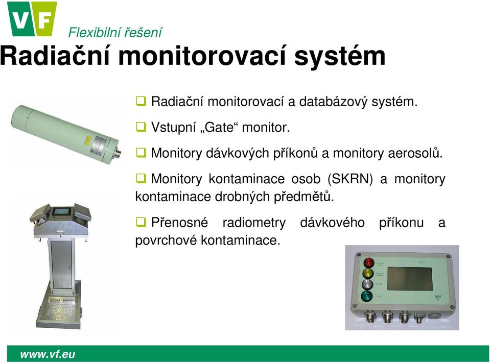 Monitory dávkových příkonů a monitory aerosolů.