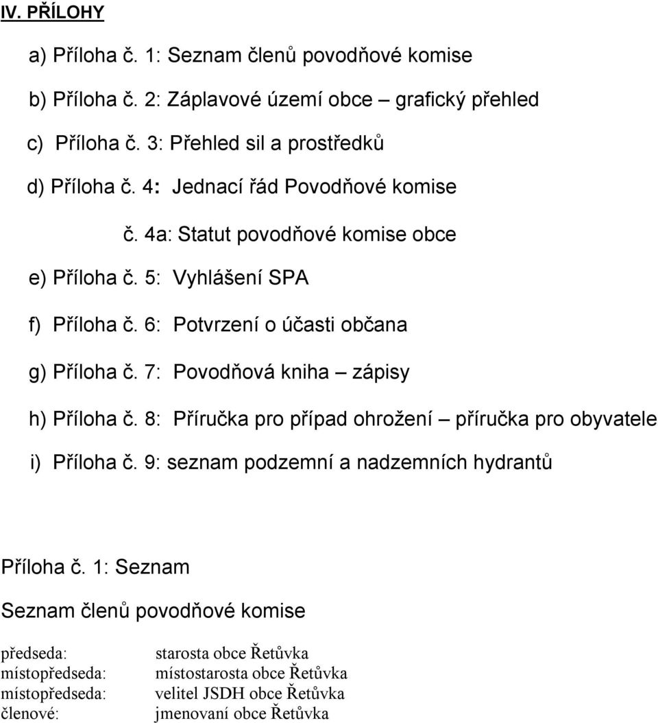 7: Povodňová kniha zápisy h) Příloha č. 8: Příručka pro případ ohrožení příručka pro obyvatele i) Příloha č. 9: seznam podzemní a nadzemních hydrantů Příloha č.