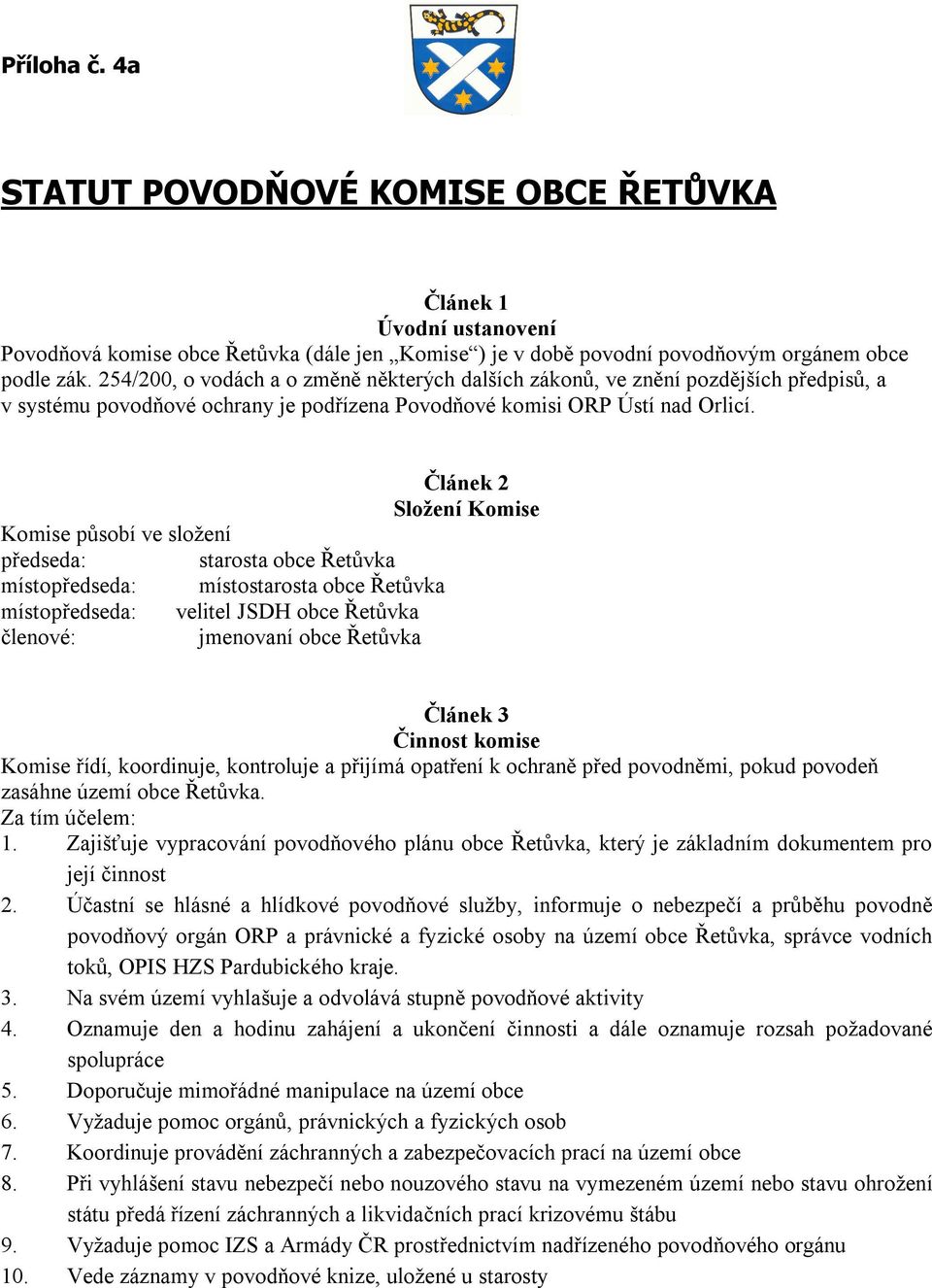 Článek 2 Složení Komise Komise působí ve složení předseda: starosta obce Řetůvka místopředseda: místostarosta obce Řetůvka místopředseda: velitel JSDH obce Řetůvka členové: jmenovaní obce Řetůvka