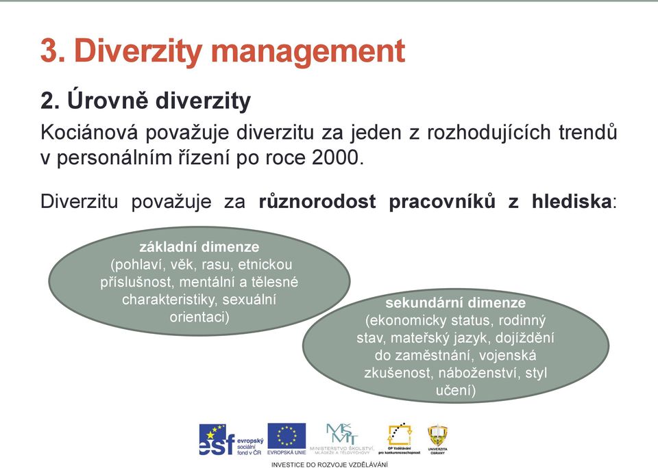 Diverzitu považuje za různorodost pracovníků z hlediska: základní dimenze (pohlaví, věk, rasu, etnickou