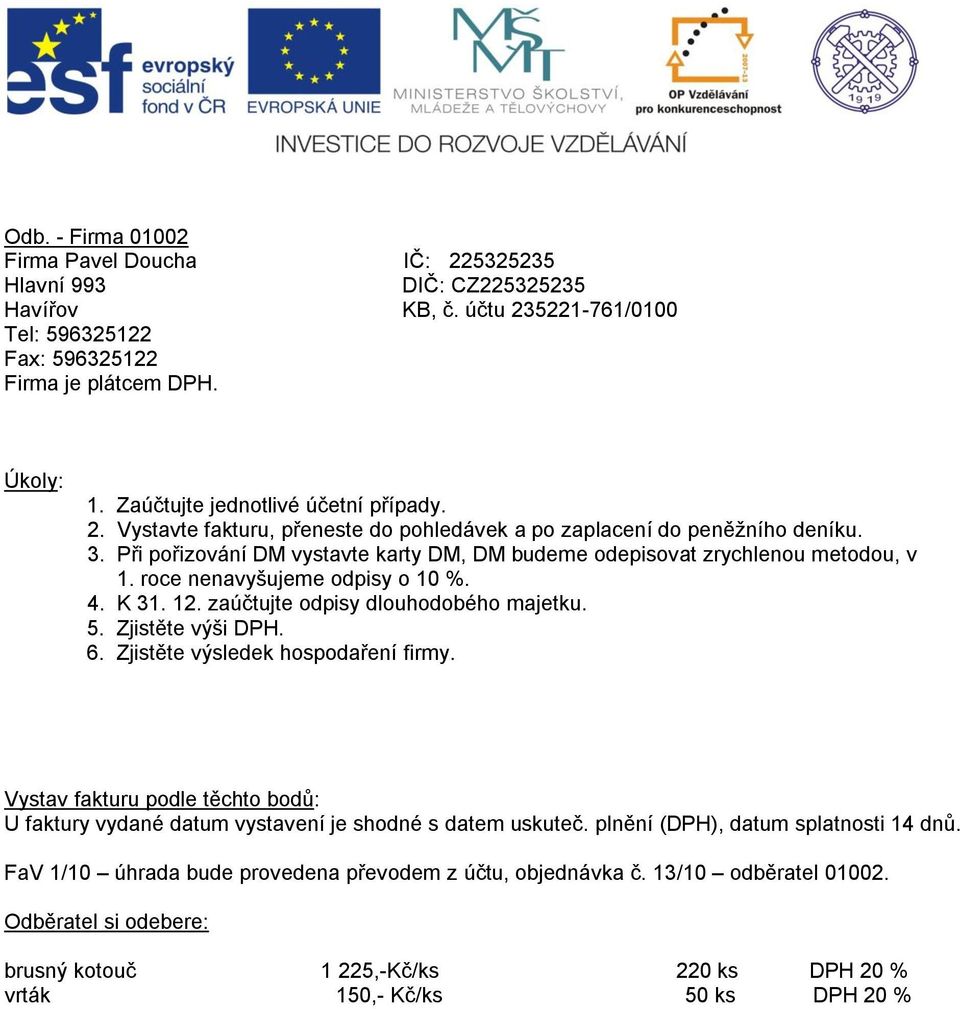 Zjistěte výsledek hospodaření firmy. Vystav fakturu podle těchto bodů: U faktury vydané datum vystavení je shodné s datem uskuteč. plnění (DPH), datum splatnosti 14 dnů.