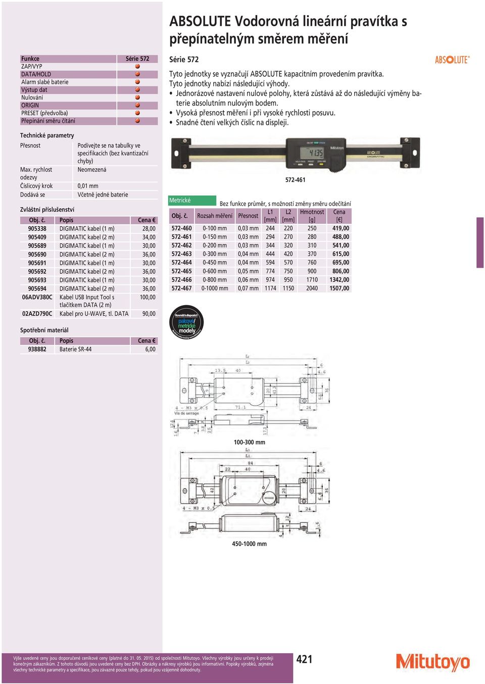 572-461 Bez funkce průměr, s možností změny směru odečítání 572-460 0-100 mm 0,03 mm 244 220 250 419,00 572-461 0-150 mm 0,03 mm 294 270 280 488,00 572-462