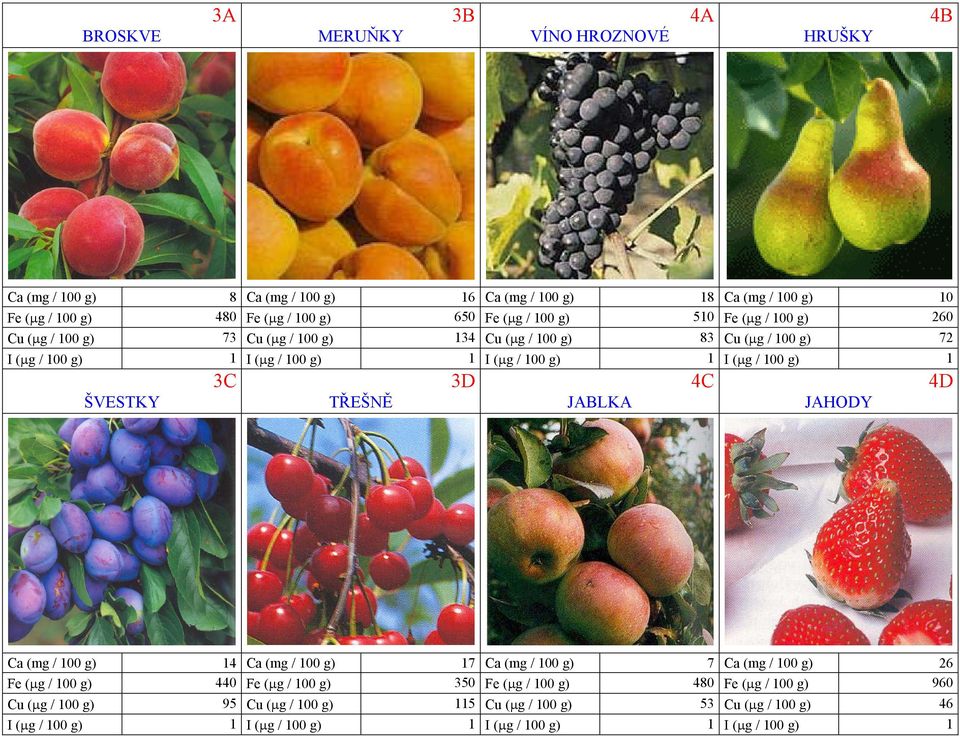 g) 1 ŠVESTKY 3C TŘEŠNĚ 3D JABLKA 4C JAHODY 4D Ca (mg / 100 g) 14 Ca (mg / 100 g) 17 Ca (mg / 100 g) 7 Ca (mg / 100 g) 26 Fe (µg / 100 g) 440 Fe (µg / 100 g) 350 Fe (µg /