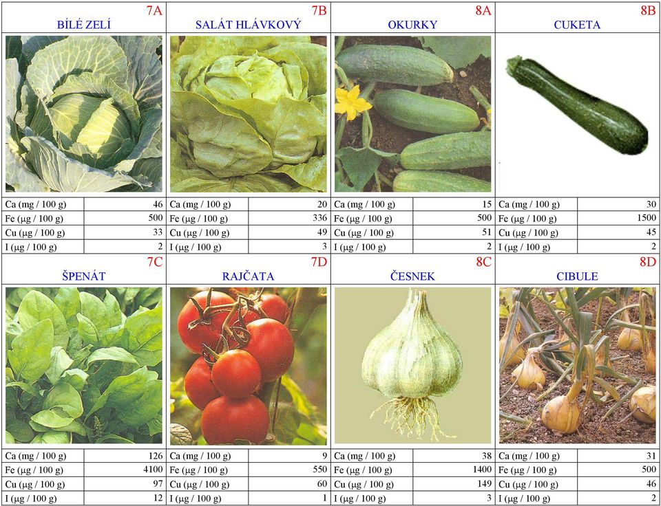 g) 2 ŠPENÁT 7C RAJČATA 7D ČESNEK 8C CIBULE 8D Ca (mg / 100 g) 126 Ca (mg / 100 g) 9 Ca (mg / 100 g) 38 Ca (mg / 100 g) 31 Fe (µg / 100 g) 4100 Fe (µg / 100 g) 550 Fe (µg /