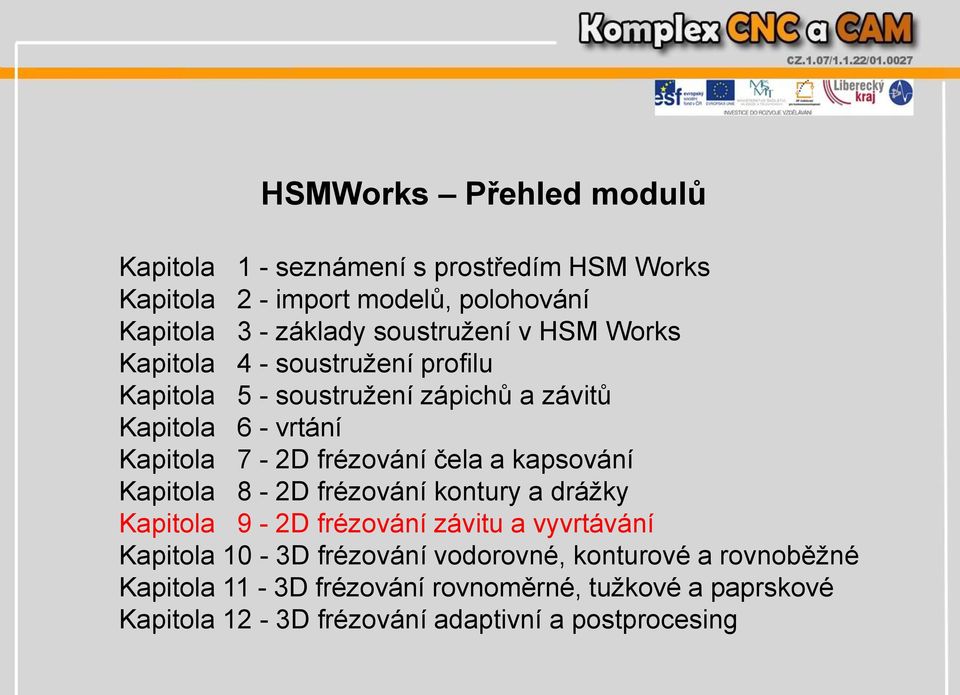 frézování čela a kapsování Kapitola 8-2D frézování kontury a drážky Kapitola 9-2D frézování závitu a vyvrtávání Kapitola 10-3D