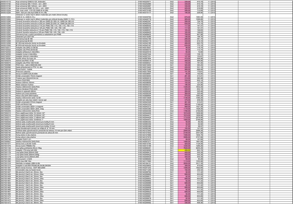 115/125 GWS 8-14 (06) 3165140375160 SA2 589,00 712,69 1.1.2013 2605510226 Náhr. kart pro ods.kryt GWS 8-14 ( 06) 3165140375177 SA2 190,00 229,90 1.1.2013 Odsávací a vodicí kryt k dělení materiálu pro malé úhlové brusky GWS 8-14, GWS 8-10 z 3165140449762 SA2 879,00 1063,59 1.