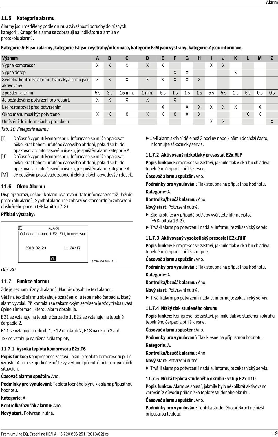 Význam A B C D E F G H I J K L M Z Vypne kompresor X X X X X X X Vypne dotop X X X Světelná kontrolka alarmu, bzučáky alarmu jsou X X X X X X X X aktivovány Zpoždění alarmu 5 s 3 s 15 min. 1 min.