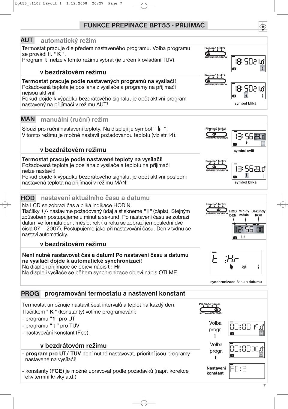 Požadovaná teplota je posílána z vysílače a programy na přijímači nejsou aktivní! Pokud dojde k výpadku bezdrátového signálu, je opět aktivní program nastavený na přijímači v režimu AUT!