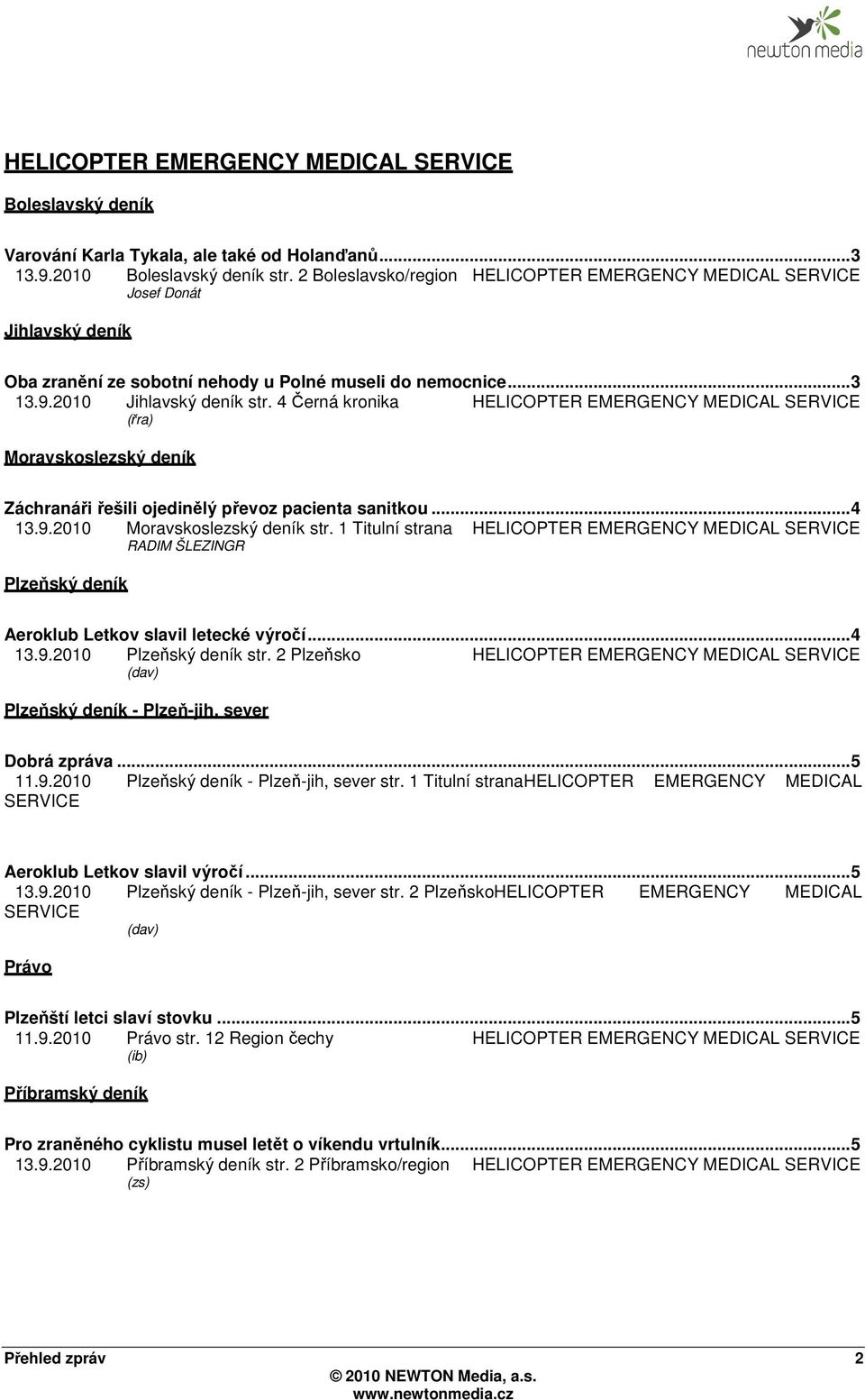 4 Černá kronika HELICOPTER EMERGENCY MEDICAL SERVICE (řra) Moravskoslezský deník Záchranáři řešili ojedinělý převoz pacienta sanitkou... 4 13.9.2010 Moravskoslezský deník str.
